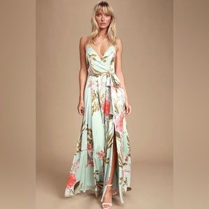 LuLus Still the One Sage Green Floral Print Satin Maxi Dress